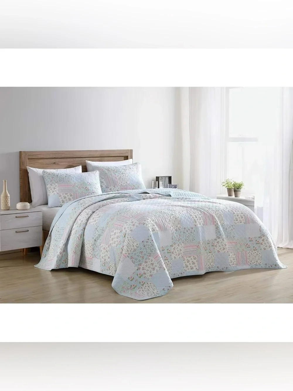 Quilted Pastel Floral Full 3 piece Bedspread Set